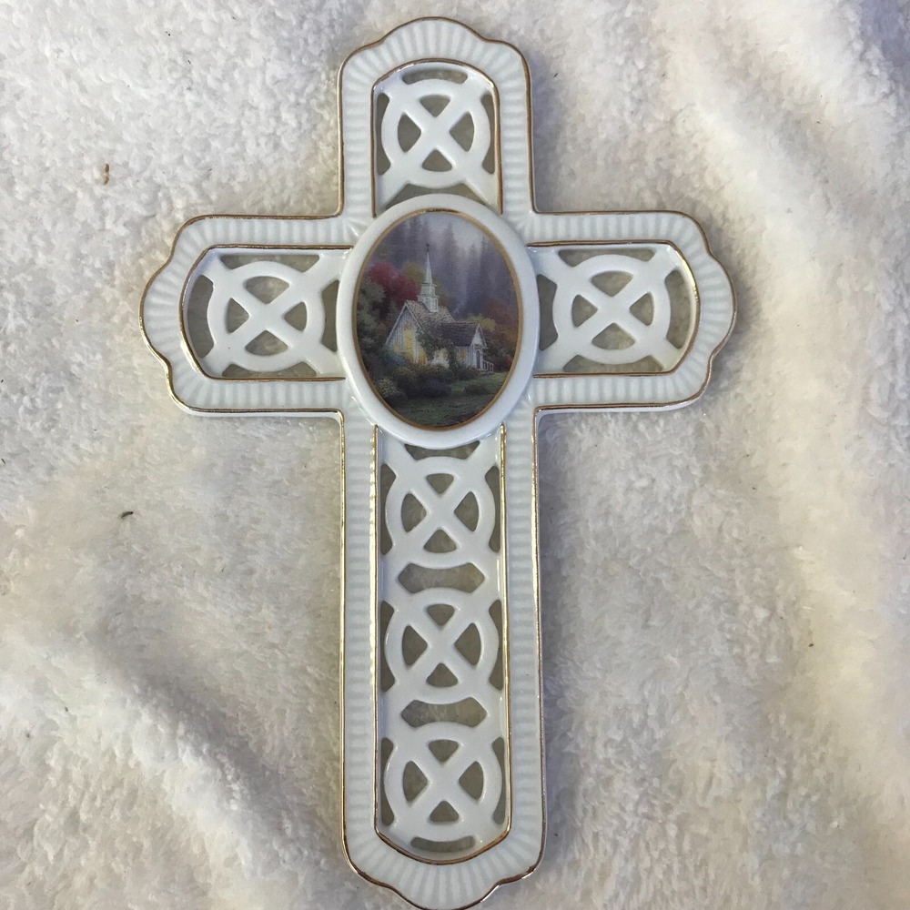 New Thomas Kinkade Painter Of Light Porcelain Wall Cross Church Scene Gold Trim